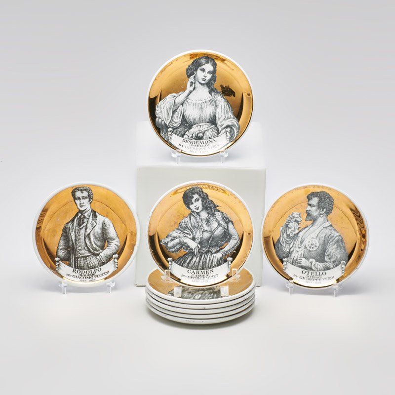 PIERO FORNASETTI: Set of nine "Melodramma" coasters, Italy, 20th c.; Porcelain; Marked, 4 1/8" dia.