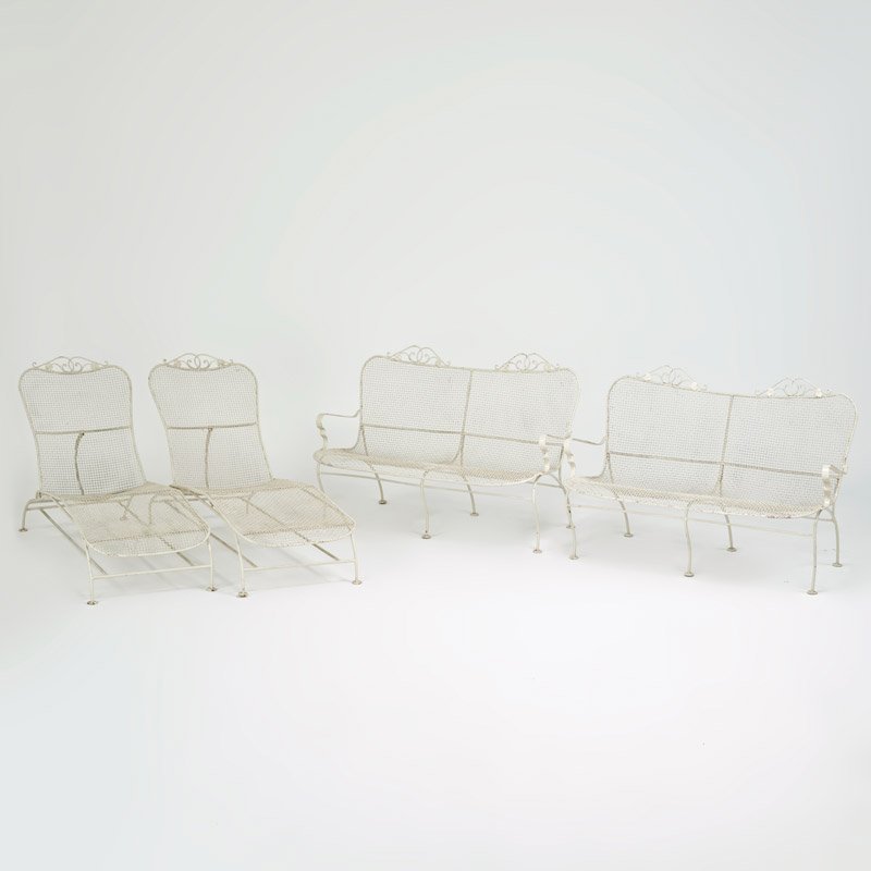 RUSSELL WOODARD: Outdoor seating: pair of settees and pair of adjustable lounge chairs, USA, 1960's; Enameled metal; Unmarked; Settee: 35" x 50" x 30", chaise fully inclined: 34" x 60" x 21 1/2"