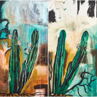 MAGALI LARA (Mexican, b. 1956): Acrylic on canvas diptych; "Encontrar (To Find-Cacti)," 1992; Titled and dated; 63" x 63"; Provenance: Private Collection, New York City