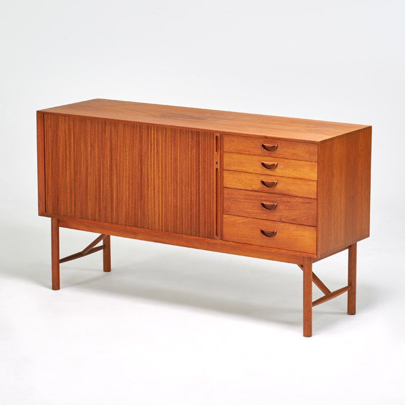 ORLA MOLGAARD-NIELSEN & PETER HVIDT: Teak tambour cabinet, Denmark; ca. 1907; Retailer label; 34" x 60" x 19"