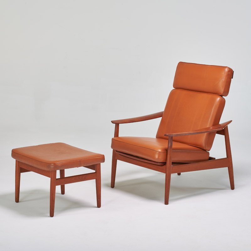 ARNE VODDER; FRANCE & SONS: Lounge chair and ottoman, Denmark, 1960s; Teak and vinyl upholstery; Metal tag; Chair: 39" x 30 1/2" x 32", ottoman: 15" x 22 1/2" x 19"