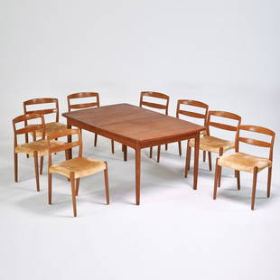 WILLY BECK (Attr.): Dining set: table and eight side chairs, Denmark, ca. 1960; Teak, upholstery; Unmarked; Table: 29" x 62" x 40", chairs: 30 1/2" x 21" x 19", three leaves: two 24" and one 14"