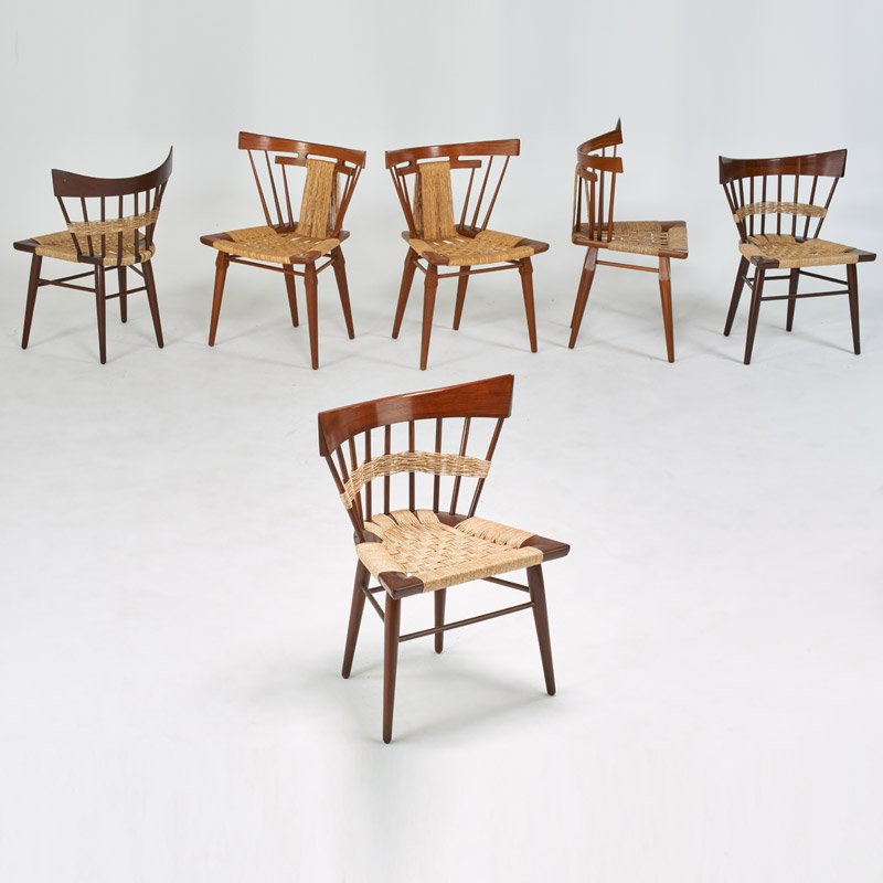 EDMUND SPENCE: Assembled set of seven chairs, Mexico, 1955; Walnut, stained walnut, paper cord; Unmarked; 32" x 22" x 19"