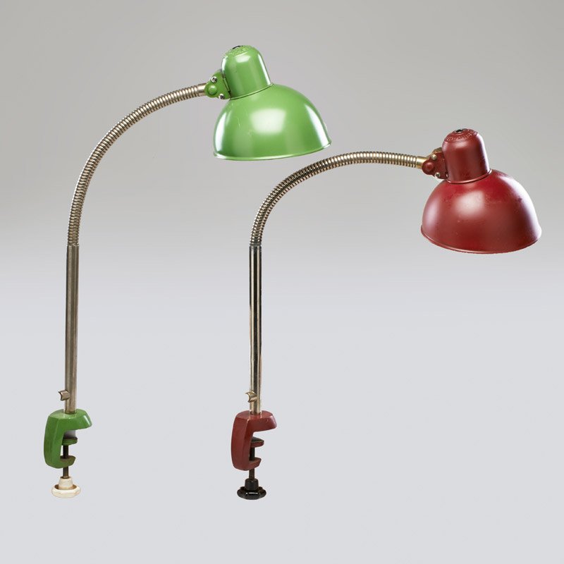 KAISER IDELL: Pair of clamp-on desk lamps, Germany, ca. 1920; Metal, enameled metal, plastic; Both marked; Full extenstion: 31 1/2" x 6" dia.