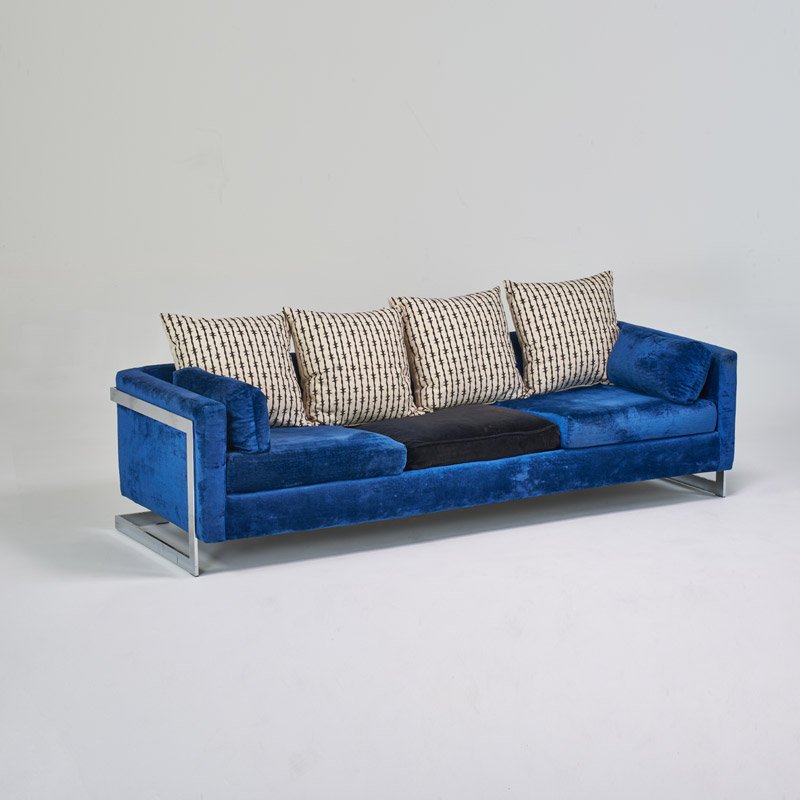 STYLE OF MILO BAUGHMAN, CARSONS: Sofa, USA, 1970s; Chromed steel, upholstery; Marked with a Carsons label; 30" x 90" x 33"