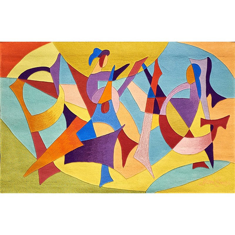 EDWARD FIELDS: Chaim Gross "Playing" factory proof sculpted wool area rug, Long Island, NY, 1984; Signed "Chiam Gross" in the Field, Edward fields paster, limited edition 1/20; 48" x 71"