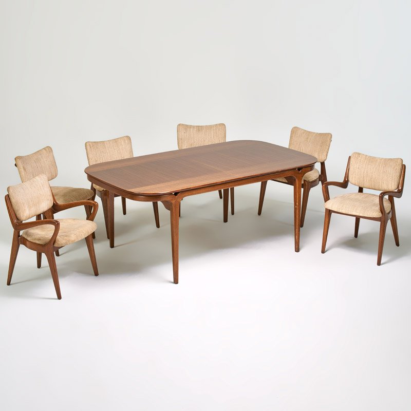 PAUL LASZLO (Attr.); BROWN SALTMAN: Dining table and six chairs, four arm chairs and six side chairs, USA, 1950s; Mahogany, upholstery; Decal label to dining table and numbered, chairs unmarked; Arm: 31" x 21" x 23", side: 31" x 21 1/2"