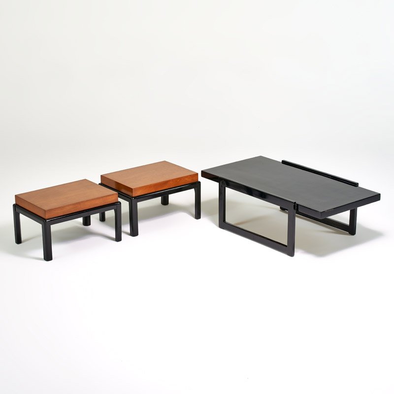 PAUL LASZLO; BROWN SALTMAN: Coffee table, USA, 1950s; Together with two similar side tables; Enameled wood, walnut; Coffee table with metal tag; Coffee: 15 3/4" x 48" x 26 1/4", side: 14 1/2" x 24 1/4" x 18"