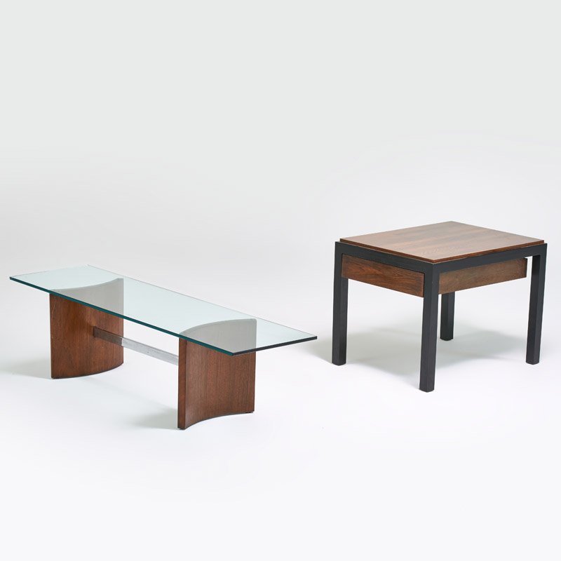 SELIG, ETC.: Coffee table, together with single drawer end table, USA, 1970s; Glass, chromed steel, walnut, enameled wood; Coffee: 15" x 58" x 16", end: 22" x 29" x 22"