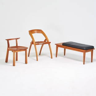 THOMAS MOSER & BERKELEY MILLS: Moser "Edo" chair and "Fireside" bench with Berkeley "Lambda" chair, Auburn, Maine/Berkeley, California, 2006; Cherry, leather upholstery; Moser chair: 27" x 19 1/2" x 20", bench: 19 1/2" x 46" x 17 1