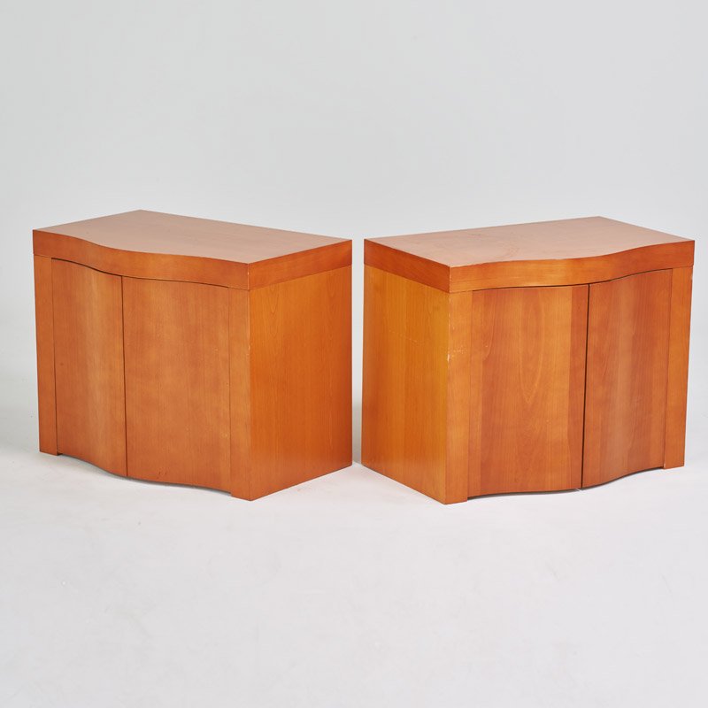 CONTEMPORARY: Pair of two-drawer cabinets; Stained beech; Unmarked; 29" x 35 1/2" x 22 1/2"