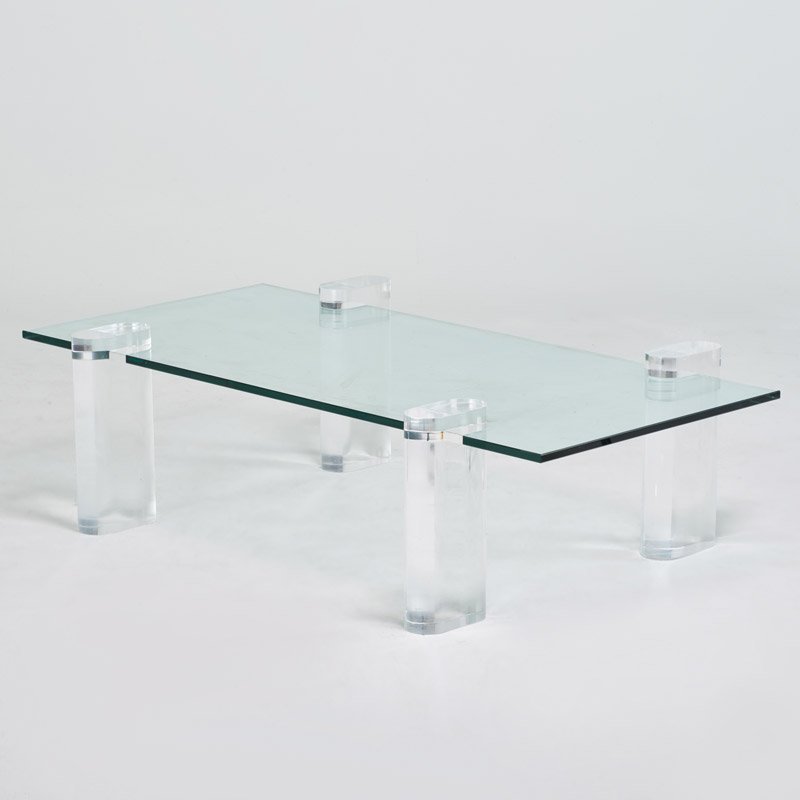 KARL SPRINGER: Lucite and glass coffee table, NY, 1070s, unmarked 18” x 64” x 38”