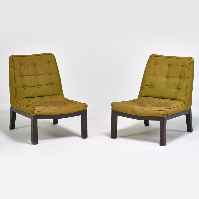 STYLE OF DUNBAR: Pair of slipper chairs; Lacquered mahogany and upholstery; Retailers tags; 30 1/2" x 24 1/2" x 32"
