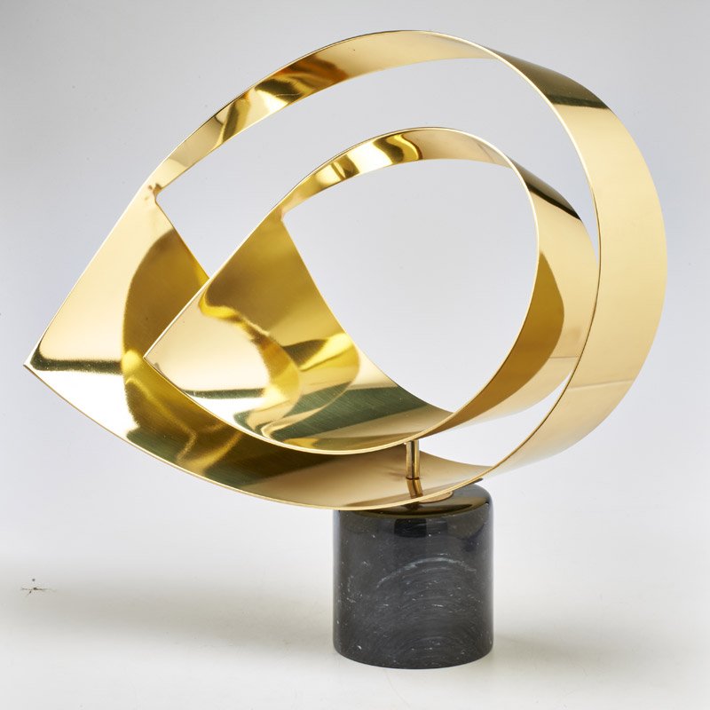 C. JERE; ARTISAN HOUSE: Rotating tabletop sculpture, Los Angeles, CA, 1984; Brass plated metal, marble; Signed and dated; 24" x 21" x 6"
