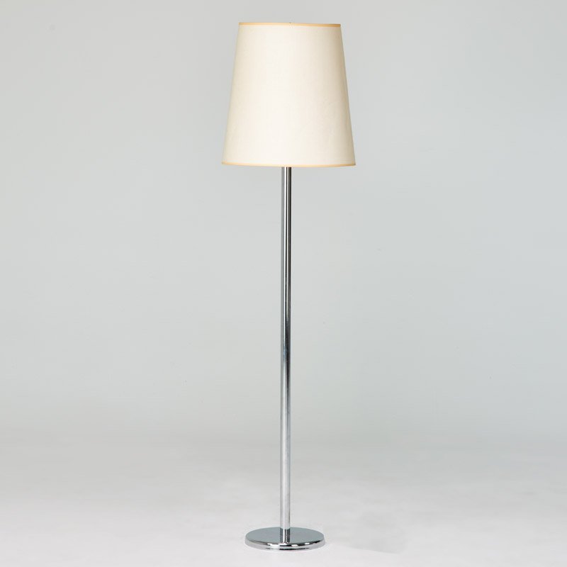 GEORGE KOVACS: Floor lamp with original linen shade, USA, ca. 1970's; Unmarked; Chromed steel, linen shade; 64" x 9 3/4" dia.