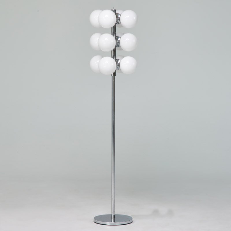 LIGHTOLIER: Floor lamp, USA, 1970's; Chromed steel, frosted glass; Impressed mark, sticker label; 61" x 15" x 15"