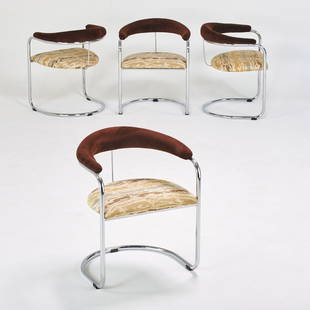 ANTON LORENZ: THONET: Four armchairs, USA, 1970s; Chromed steel, upholstery; Upholstery labels; 29" x 23 1/2" x 23"