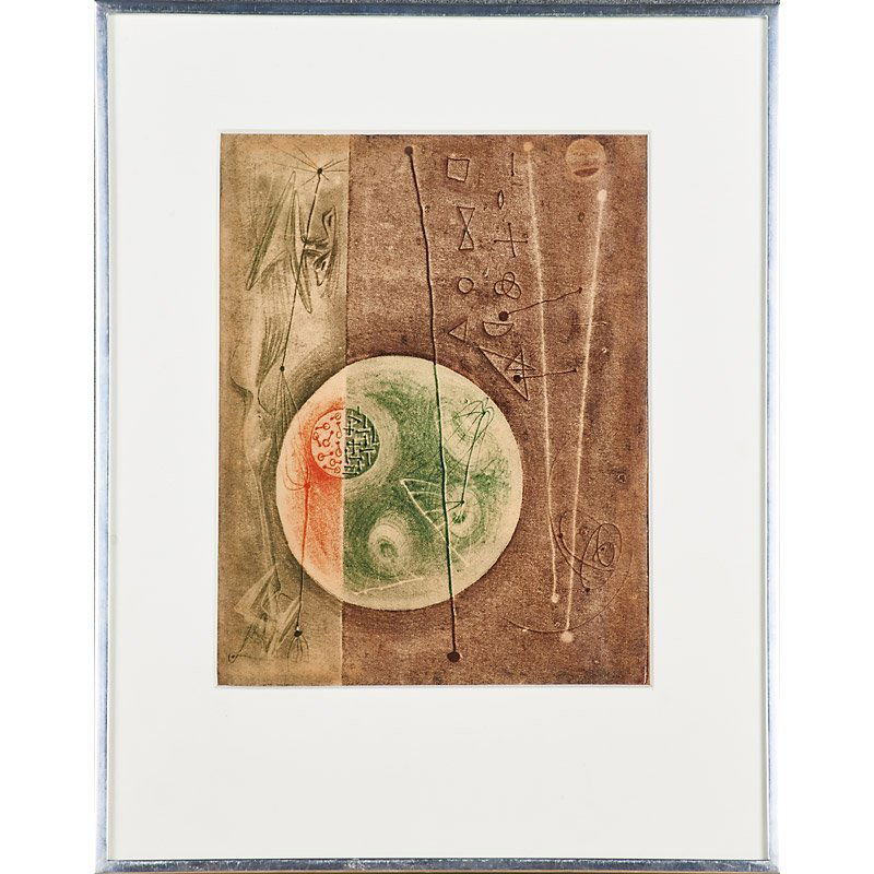 HARRY BERTOIA (Italian/American, 1915-1978): Monotype in colors; Untitled abstract (framed); Unmarked; 11 1/2" x 9" (sight)