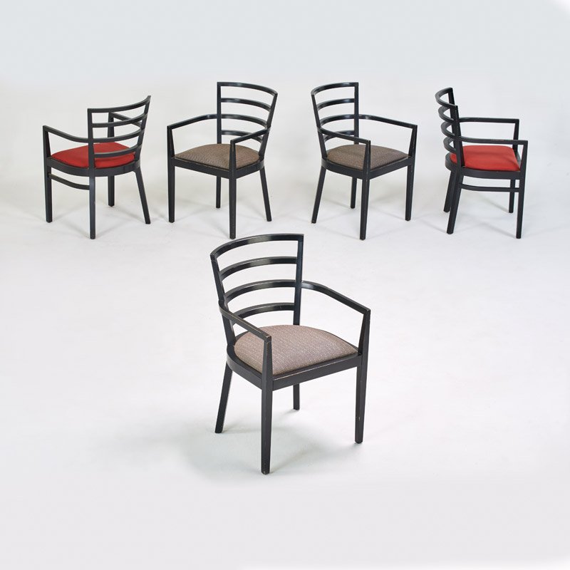 RAUL DE ARMAS; KNOLL INTERNATIONAL: Set of five armchairs; Enameled wood, upholstery; metal labels; 33 1/2" x 21 1/2" x 24"