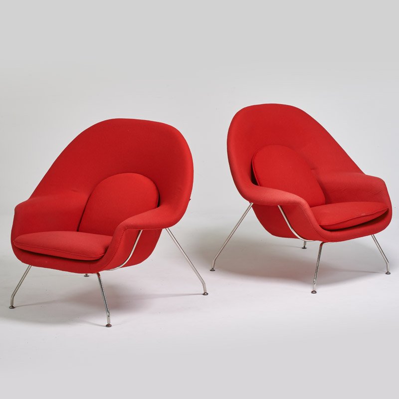 STYLE OF EERO SAARINEN: Pair of womb-type chairs, ca. 1990; Wool, chromed steel; Unmarked; 38" x 40" x 36"