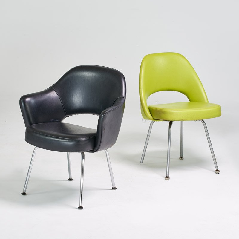 EERO SAARINEN; KNOLL INTERNATIONAL: Arm- and side chair, New York, ca. 1960; Chromed steel, vinyl; Upholstery tag to one; Arm: 32" x 26" x 24", side: 31" x 22" x 19 1/2"