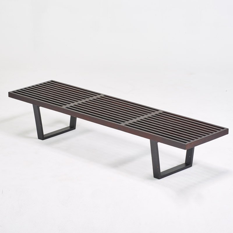 GEORGE NELSON: HERMAN MILLER: Slat bench, Zeeland, MI, 1950s; Painted wood; Unmarked; 13 1/2" x 71" x 18"