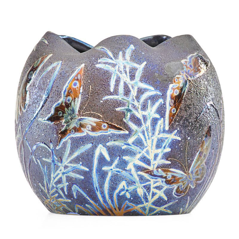 JEROME MASSIER Glazed ceramic vase: JEROME MASSIER (1820 - 1916);Glazed ceramic vase with butterflies, Vallauris, France, ca. 1900; Signed Jerome Massier Vallauris; 4 3/4" x 5 1/4";Provenance: Collection of James and Rose Ryan, Michigan