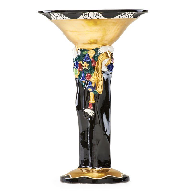 K. KLAUS; ERNST WAHLISS Rare compote: KARL KLAUS (1889 - 1925);ERNST WAHLISS;Rare Serapis-Wahliss glazed ceramic compote with female figures, Austria, ca. 1911; Gold KARL KLAUS ARCHITEKT WIEN stamp, green SERAPIS WAHLISS stamp, raised ROY