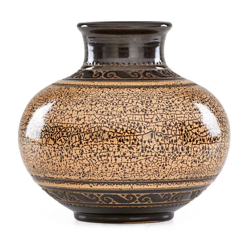 EMILE LENOBLE Glazed stoneware vase: EMILE LENOBLE (1875 - 1940);Glazed stoneware vase with incised decoration, Choisy-le-Roi, ca. 1930; Impressed mark; 8" x 8";