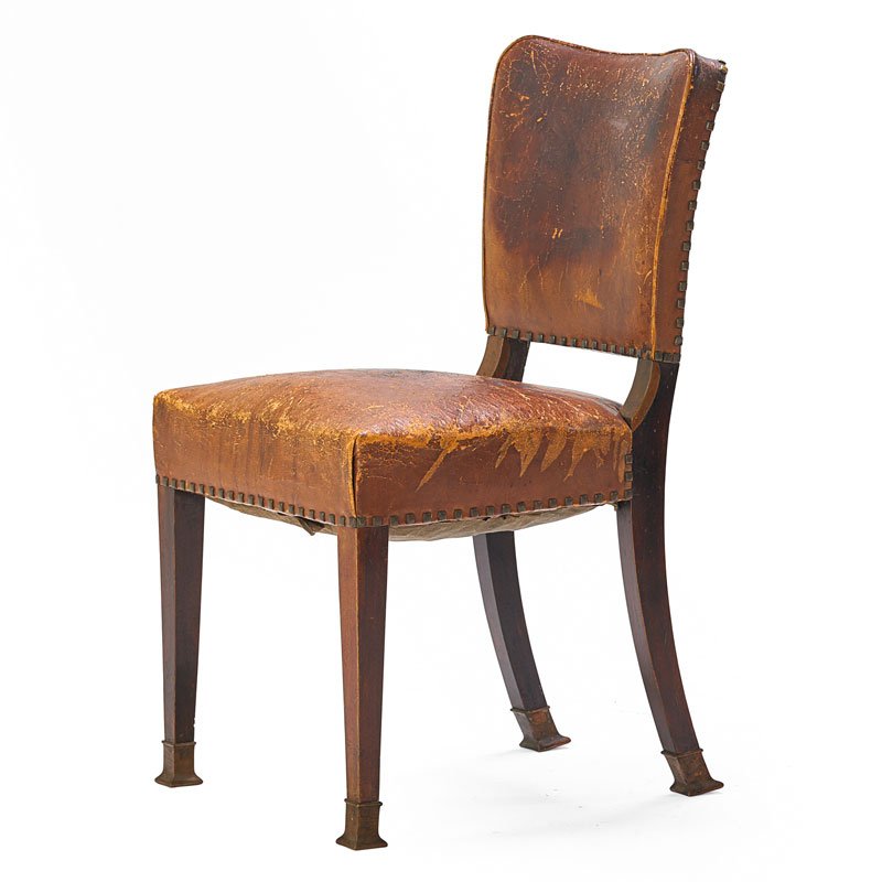 ADOLF LOOS; F.O. SCHMIDT Dining chair: ADOLF LOOS (1870 - 1933);F.O. SCHMIDT;Dining chair, Austria, ca. 1900; Walnut, leather, brass; Unmarked; 35" x 20" x 24";Provenance: Christies, London, May 11, 1999, lot 46