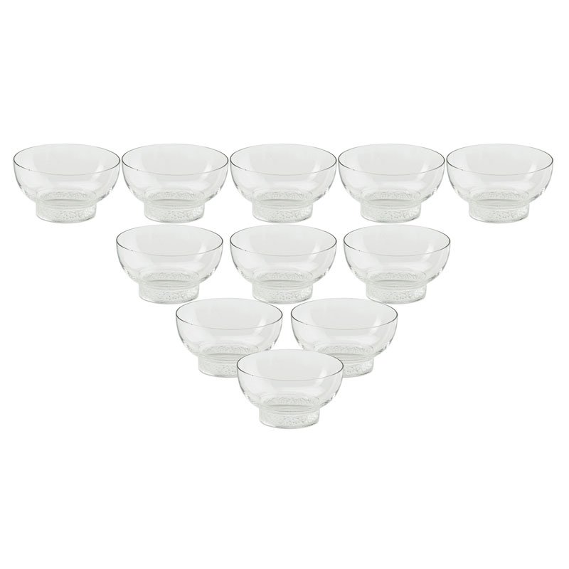 LALIQUE Eleven "Ricquewihr" finger bowls: LALIQUE;Eleven "Ricquewihr" finger bowls, France, des. 1931; M p. 728 no. 3110; All acid-etched R. LALIQUE FRANCE; 2 1/8" x 4 3/4";