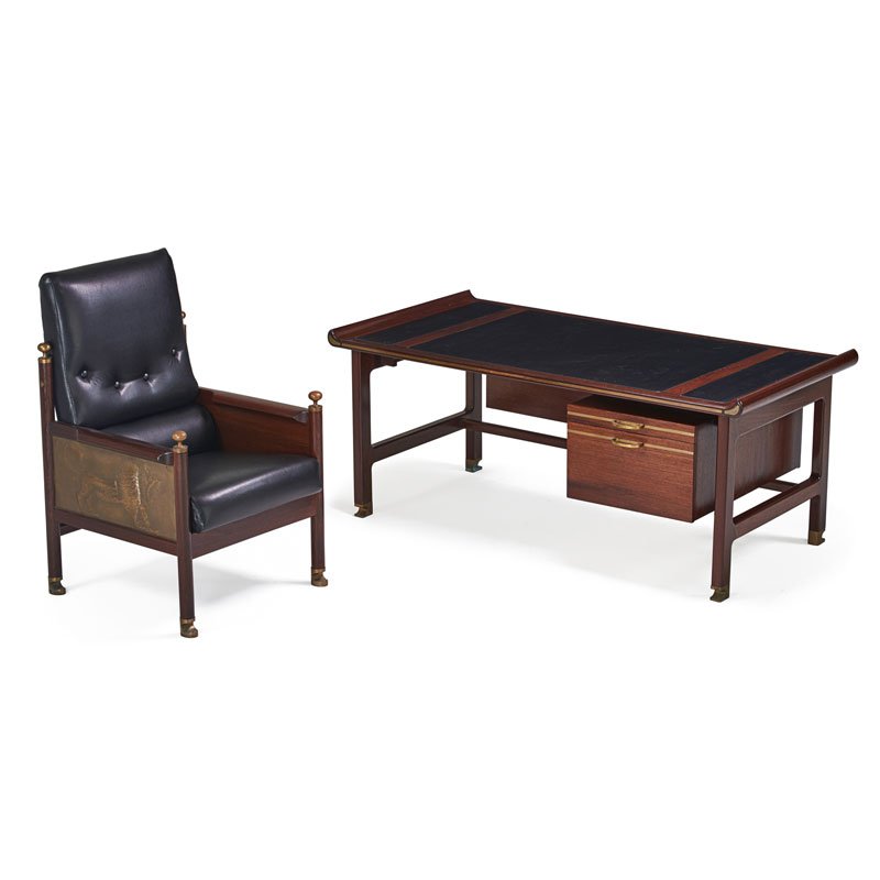 IB KOFOD-LARSEN King Desk and chair: IB KOFOD-LARSEN (1921 - 2003);SELIG;King David desk and King Solomon chair from The Megiddo Collection of Israel, Denmark/Israel, ca. 1972; Wenge, hammered and patinated brass, leather, vinyl upholste