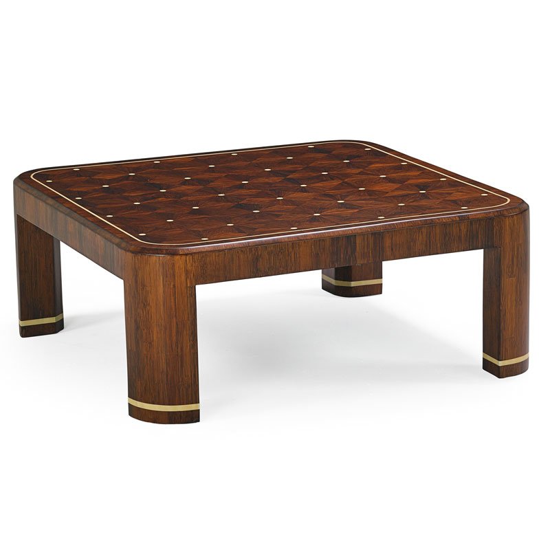 RON SEFF Marquetry cocktail table: RON SEFF;Marquetry cocktail table, New York, 2000s; Raffia wood, bone; Unmarked; 17" x 48" sq.;