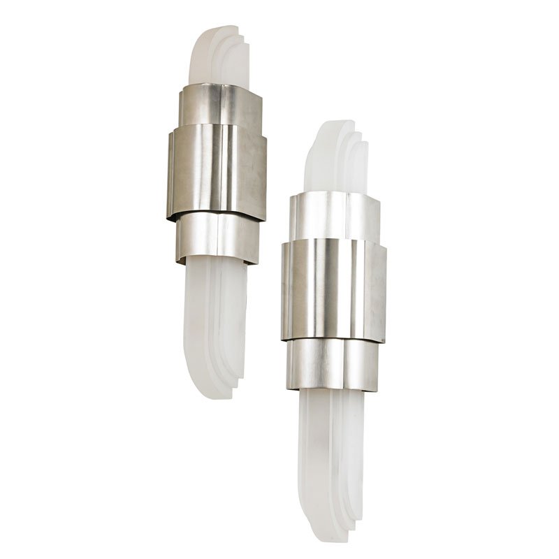 RON SEFF Pair of Deco sconces: RON SEFF;Pair of Deco sconces, New York, 2000s; Plated brass, frosted lucite, two sockets; Unmarked; 26" x 6" x 5 1/2";