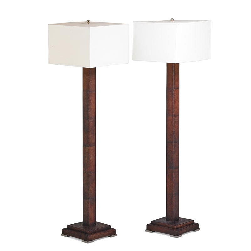 RON SEFF Pair of floor lamps: RON SEFF;Pair of floor lamps, New York, 2000s; Shagreen, polished steel, linen shades, two sockets; Unmarked; Overall: 63" x 16", base: 12" sq.;