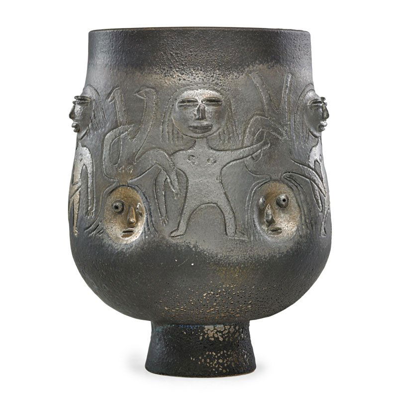 SCHEIER Coupe: EDWIN SCHEIER (1910 - 2008);MARY SCHEIER (1908 - 2007);Glazed earthenware coupe with stylized figures, gunmetal and bronze glaze, Green Valley, AZ, 1988; Signed and dated; 10 1/4" x 8";Provenance: The