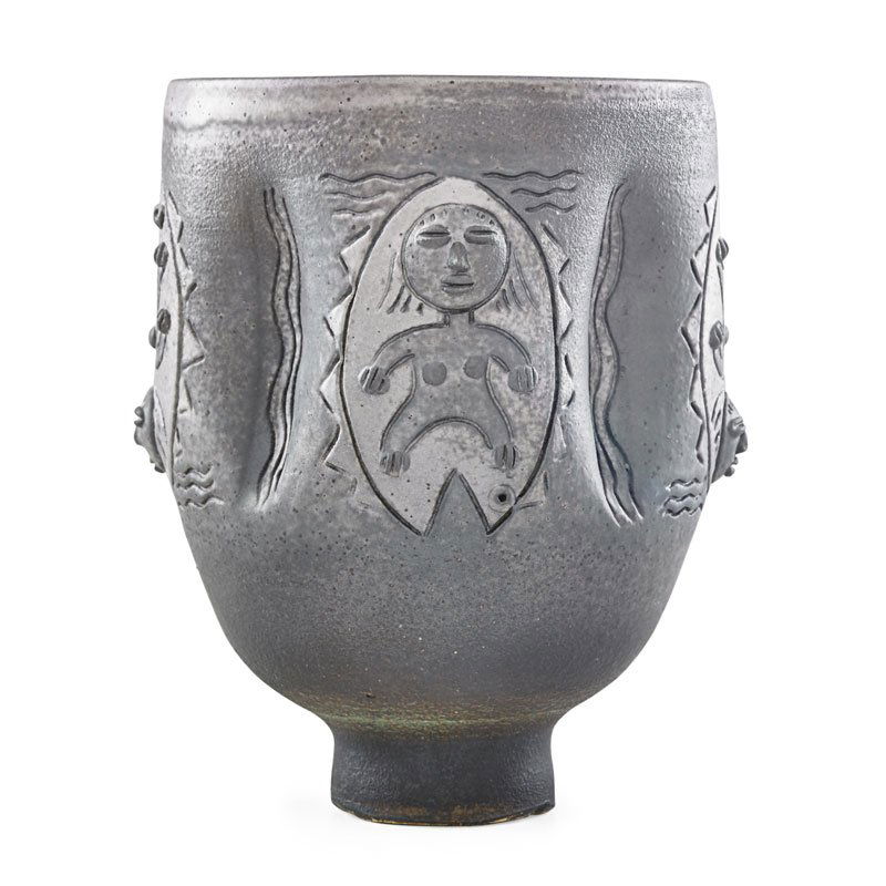 SCHEIER Coupe: EDWIN SCHEIER (1910 - 2008);MARY SCHEIER (1908 - 2007);Glazed earthenware coupe with figures and fish, purple and mauve glaze, Green Valley, AZ, 1995; Signed and dated; 9 3/4" x 8";Provenance: The Est