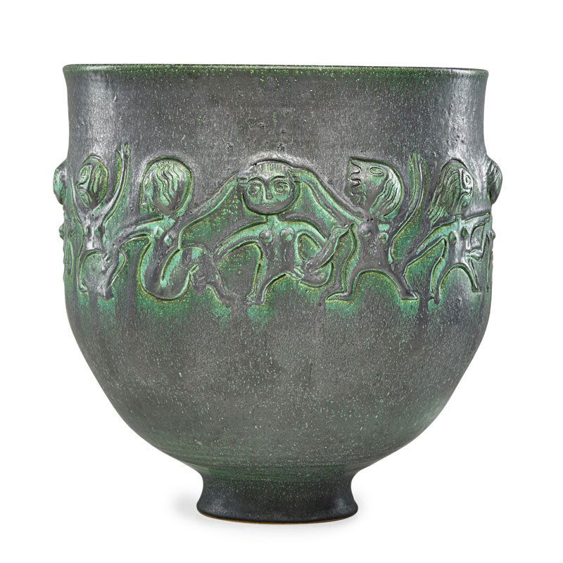 SCHEIER Large coupe: EDWIN SCHEIER (1910 - 2008);MARY SCHEIER (1908 - 2007);Large glazed earthenware coupe with stylized figures, gunmetal and verdigris glaze, Green Valley, AZ, 1992; Signed and dated; 12 1/2" x 13";Prove