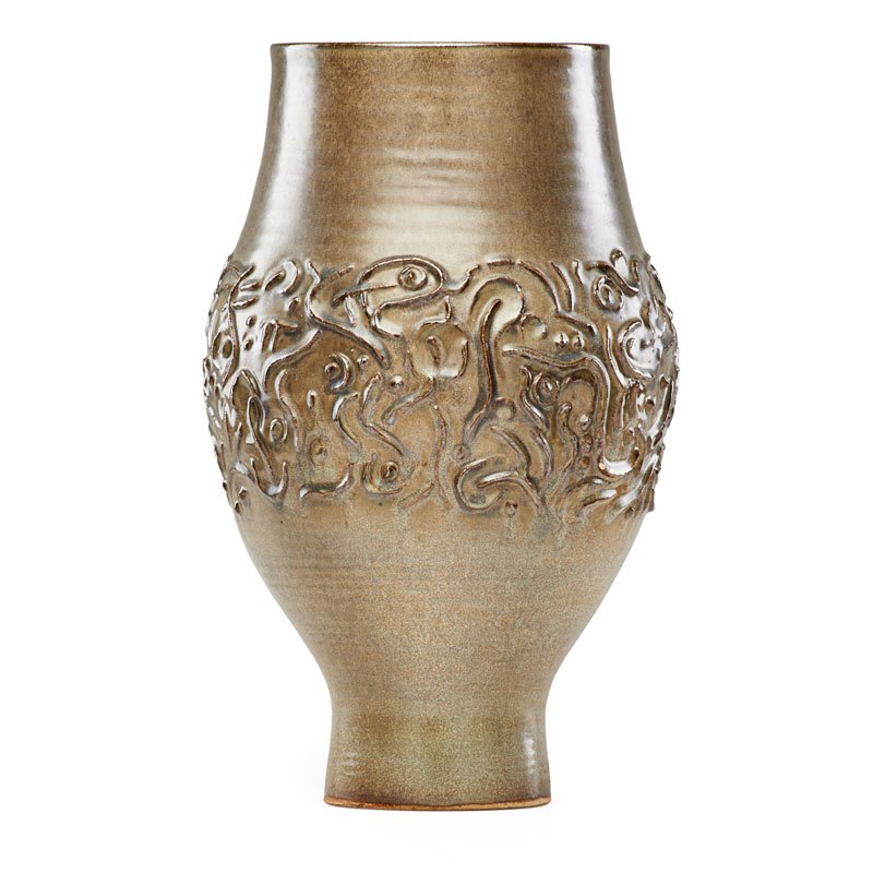 SCHEIER Large early coupe: EDWIN SCHEIER (1910 - 2008);MARY SCHEIER (1908 - 2007);Large early glazed ceramic coupe with raised abstract decoration, New Hampshire, 1963; Signed and dated; 15 3/4" x 9";