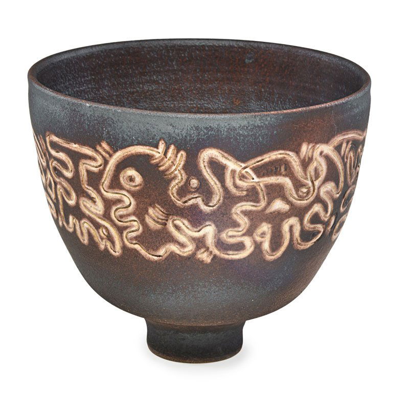 SCHEIER Footed bowl: EDWIN SCHEIER (1910 - 2008);MARY SCHEIER (1908 - 2007);Glazed earthenware footed bowl with abstract design, maroon and gunmetal glaze, Green Valley, AZ, 1995; Signed and dated; 7" x 8";Provenance: The