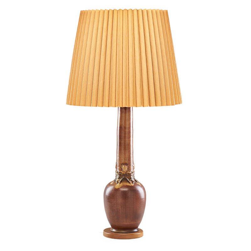 SCHEIER Large early lamp: EDWIN SCHEIER (1910 - 2008);MARY SCHEIER (1908 - 2007);Large early glazed earthenware lamp with figures, New Hampshire, 1940s/50s; No visible markings; Ceramic only: 23 3/4" x 7", total: 38" x 20";