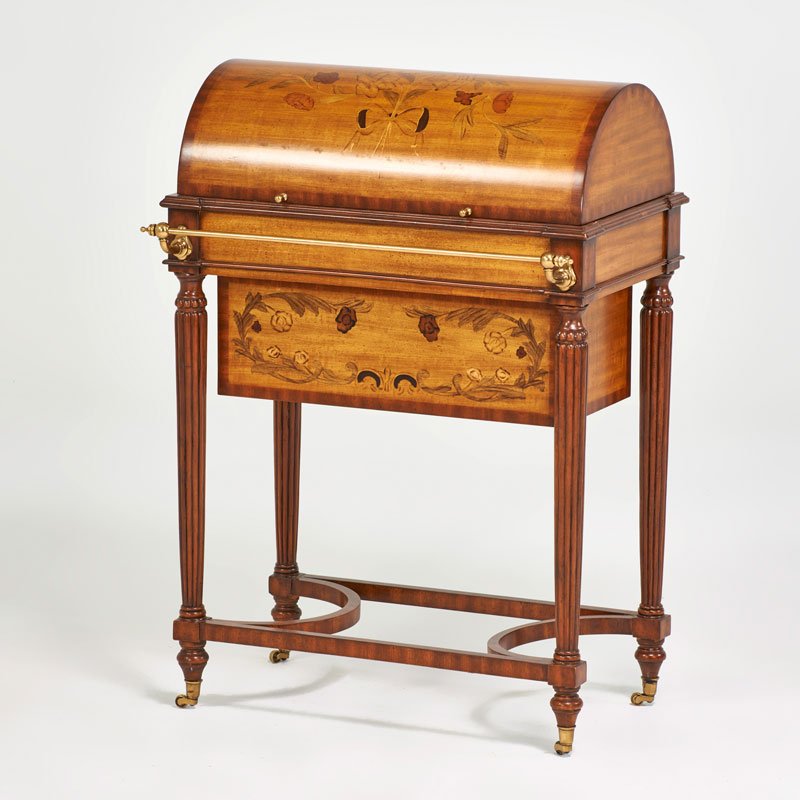 BAR CART: Marquetry inlay, domed top, fluted legs, later 20th c.; Unmarked; Hardwood veneer, brass; 38" x 26" x 18"