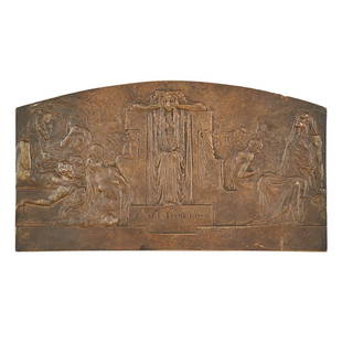 LEONARDO BISTOLFI (Italian, 1859-1933): Bronze plaque with lamenting figures in relief, inscribed: A Cesare Lombroso 28 Aprile 1906, Italy, 1906; Signed; 4 1/2" x 8 1/8"