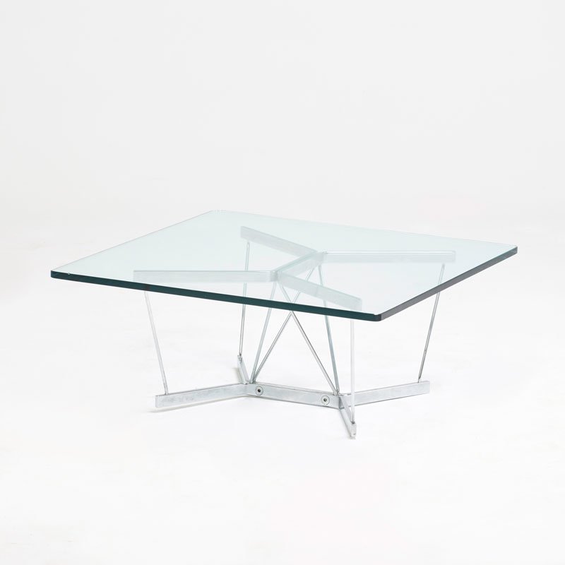 GEORGE NELSON; HERMAN MILLER: Catenary coffee table, Zeeland, MI, ca. 1960; Chromed steel, glass; Unmarked; 15" x 36" x 36"