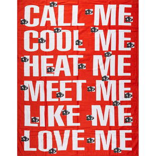 THREE CONTEMPORARY BEACH TOWELS: AFTER BARBARA KRUGER "Call Me, Cool Me, Heat Me, Meet Me, Like Me, Love Me," 2012, AFTER PETER DOIG Untitled, 2010 and YAYOI KUSAMA "Composition," 2014; All with fabric labels; 70" x 60" (each)