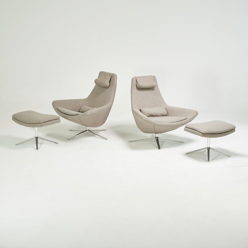 JEFFREY BERNETT; B&B ITALIA: Pair of tallback lounge chairs and ottomans, Italy, 2000s; Polished aluminum, upholstery; Manufacturer markings; Chair: 37" x 39" x 34", ottoman: 17 1/2" x 24" x 17"