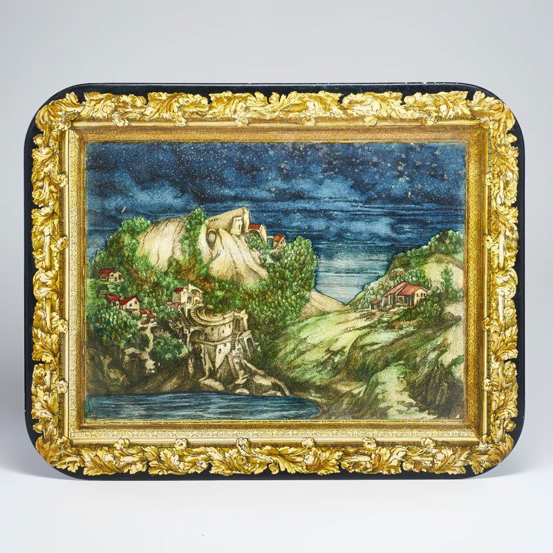 PIERO FORNASETTI; BLOOMINGDALES: Scenic tray, Italy, late 20th c.; Painted aluminum; Paper label "MADE IN ITALY FOR BLOOMINGDALES"; 23" x 18 1/2"