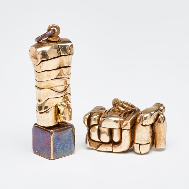 MIGUEL BERROCAL (1933-2006): Two miniature puzzle sculptures; Gold-plated brass, stainless steel; One stamped; Taller: 2 1/2" x 1/2" x 1/2"