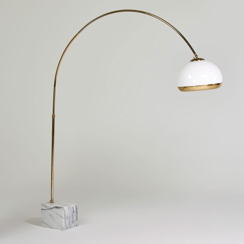 HARVEY GUZZINI: Arc lamp, Italy, ca. 1970; Stainless steel and white marble; 84" x 72" x 14 1/2"