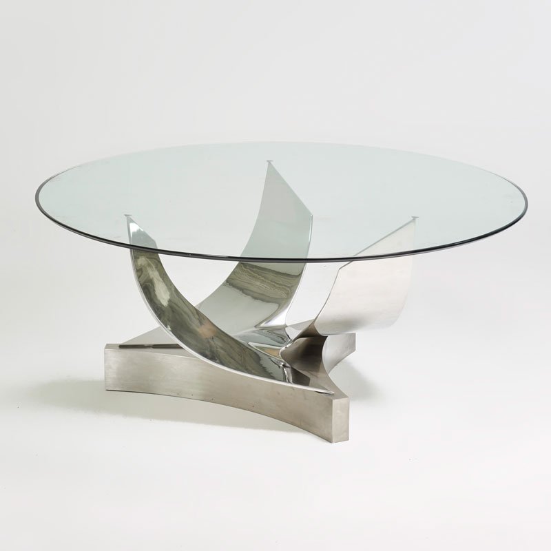 RON SEFF; RON SEFF DESIGN INC.: Dining table, New York, 2000s; Matte and polished chromed steel, glass; Unmarked; 29" x 68" dia.